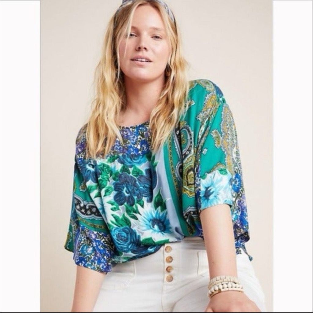 Anthropologie Tiny Floral Green And Blue Top Nwt Sz 2x